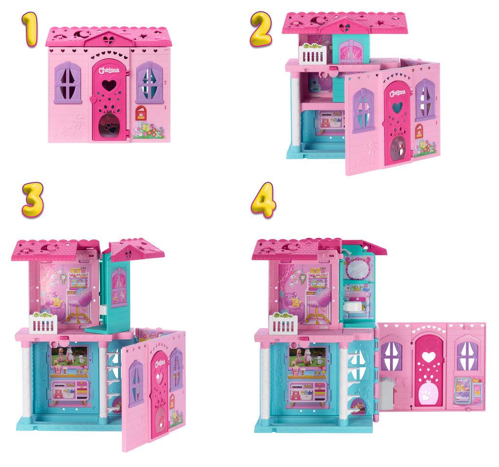 Bebek ve 15'ten fazla aksesuar içeren ve açılınca boyu 43 x +33 cm'yi geçen Barbie Chelsea açılır bebek evi