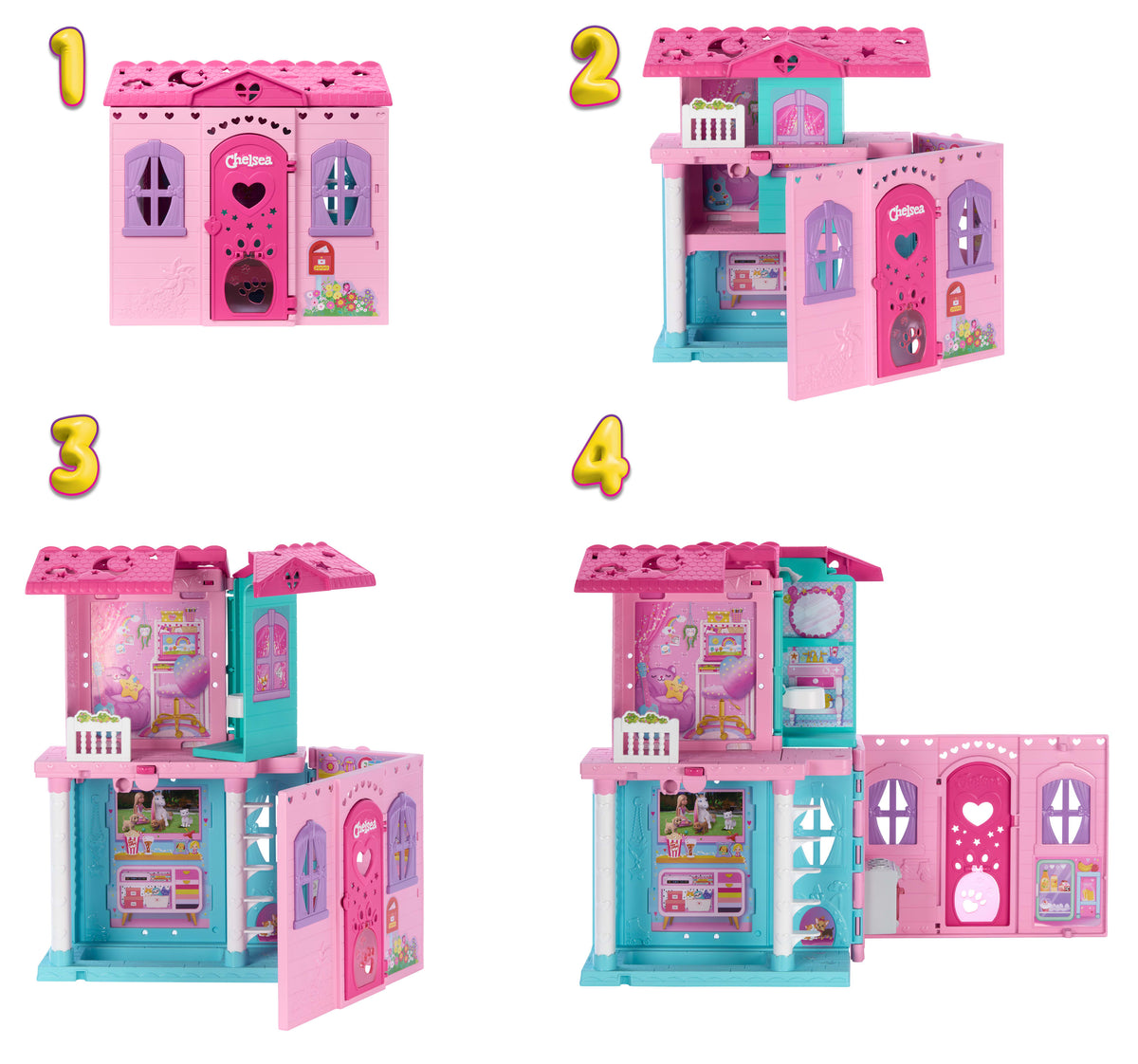 Bebek ve 15'ten fazla aksesuar içeren ve açılınca boyu 43 x +33 cm'yi geçen Barbie Chelsea açılır bebek evi