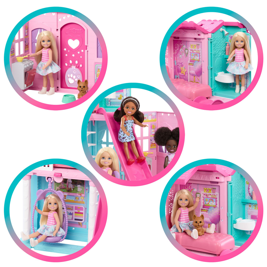 Bebek ve 15'ten fazla aksesuar içeren ve açılınca boyu 43 x +33 cm'yi geçen Barbie Chelsea açılır bebek evi
