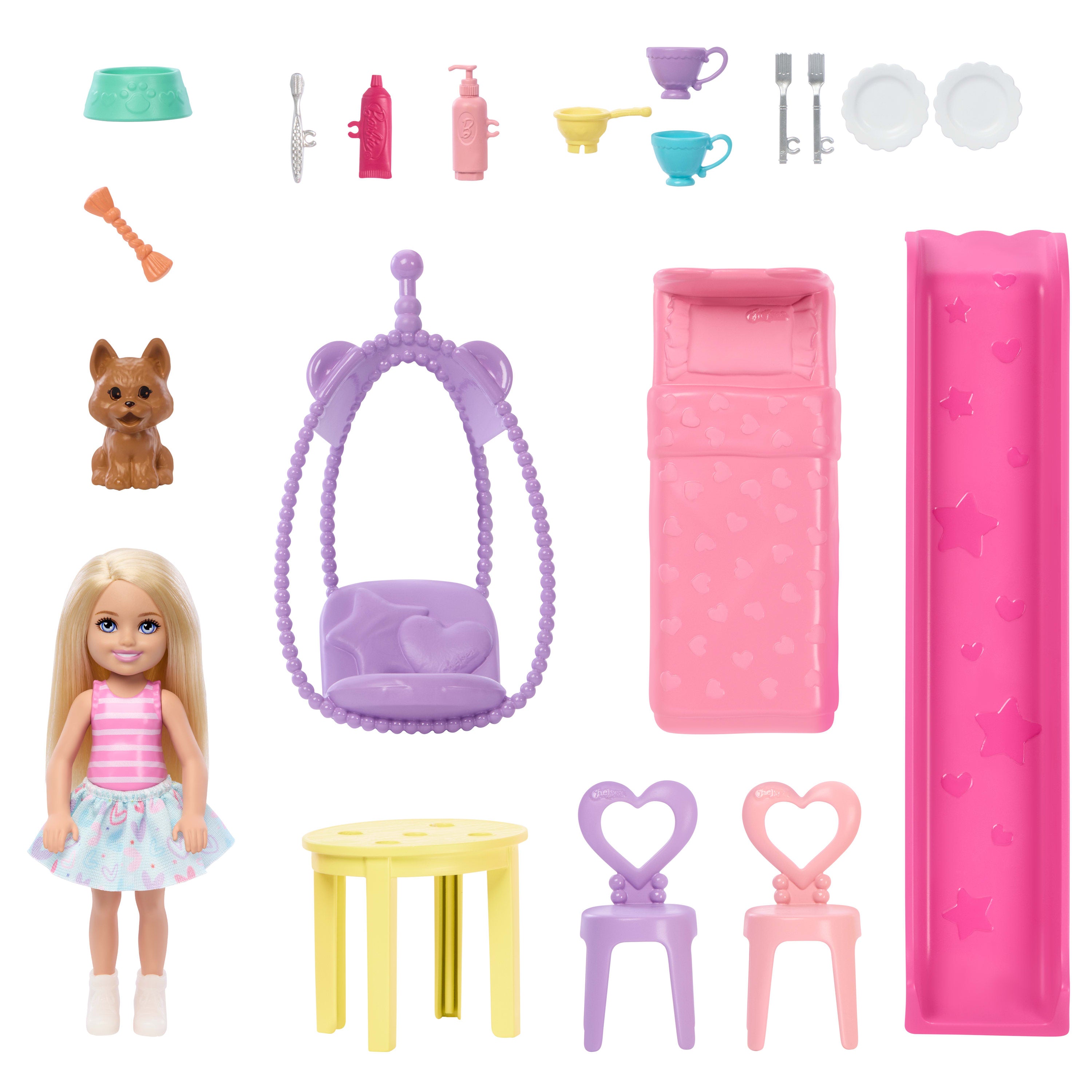Bebek ve 15'ten fazla aksesuar içeren ve açılınca boyu 43 x +33 cm'yi geçen Barbie Chelsea açılır bebek evi