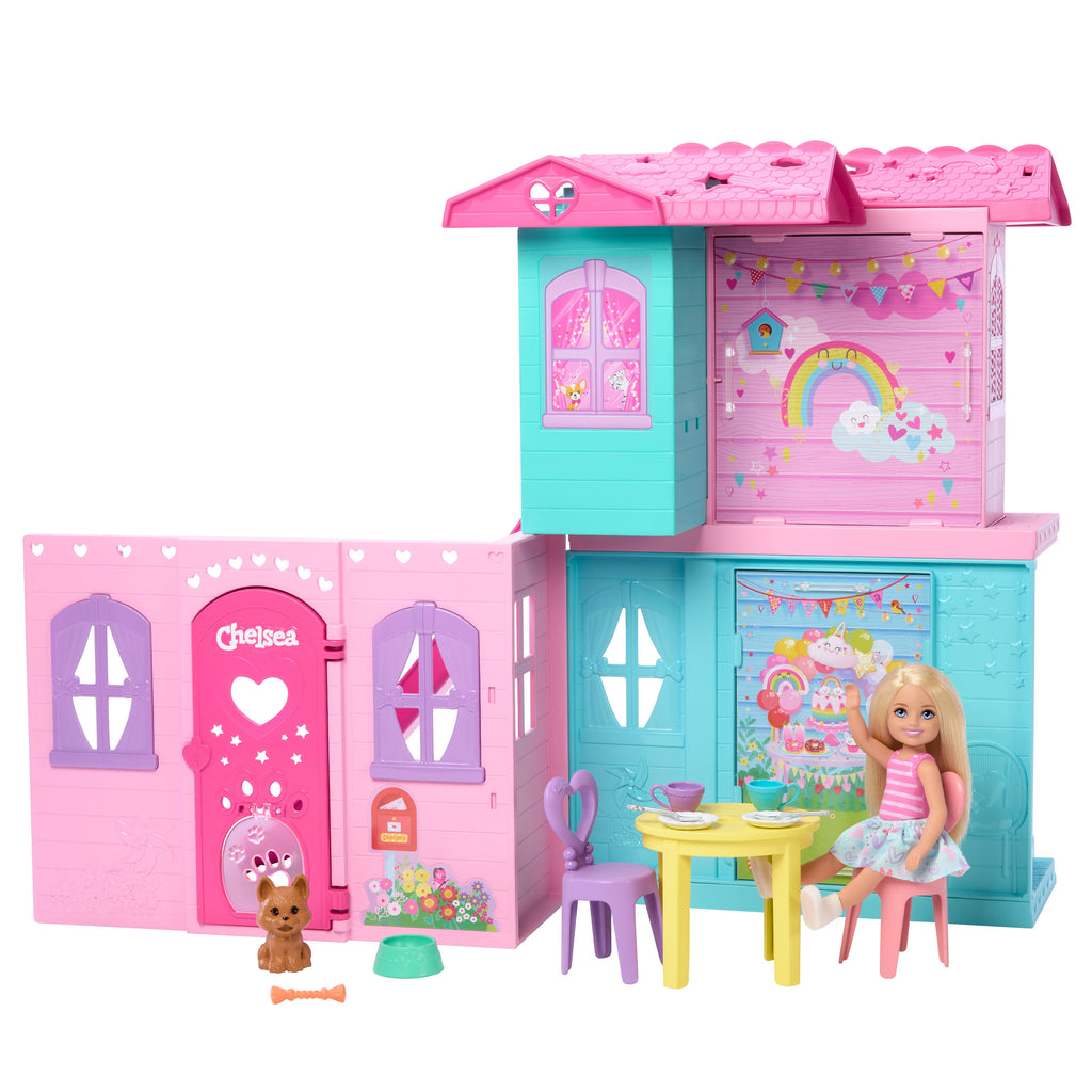 Bebek ve 15'ten fazla aksesuar içeren ve açılınca boyu 43 x +33 cm'yi geçen Barbie Chelsea açılır bebek evi