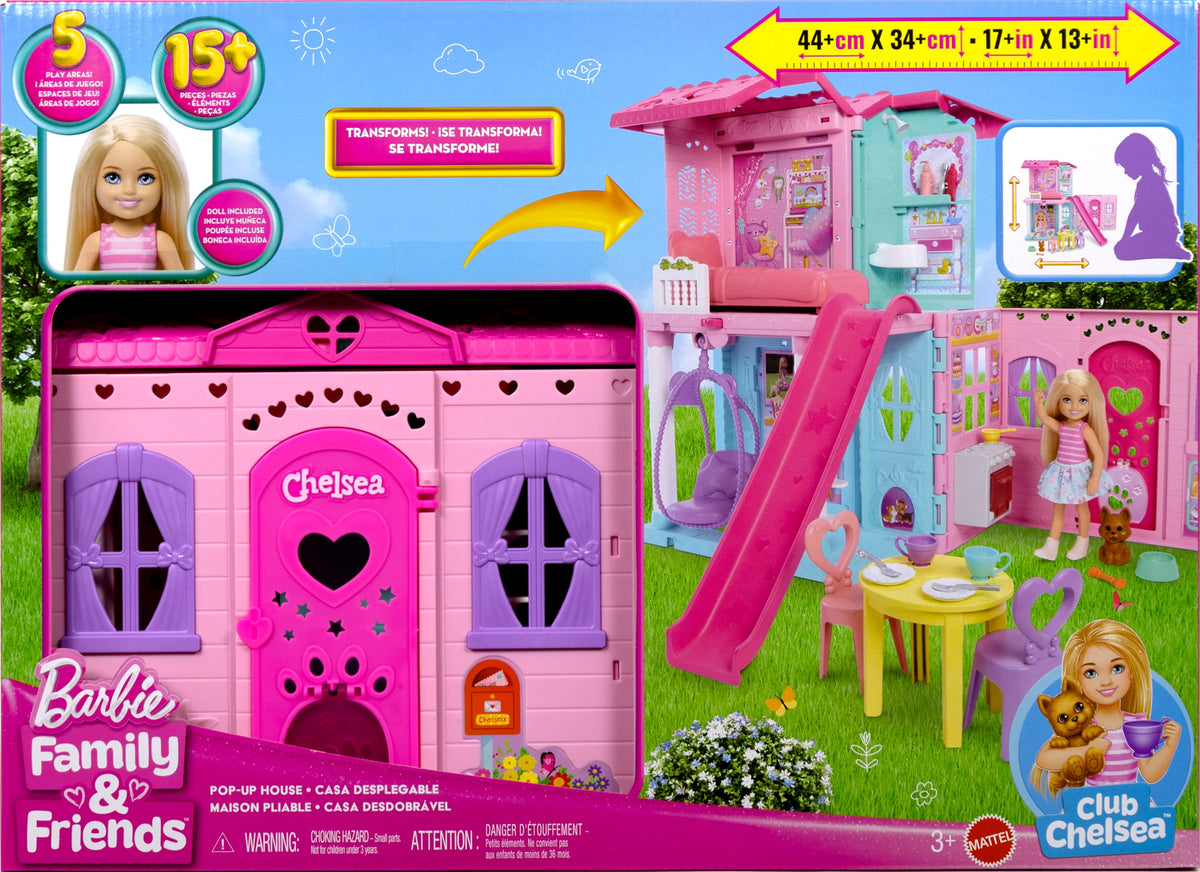 Bebek ve 15'ten fazla aksesuar içeren ve açılınca boyu 43 x +33 cm'yi geçen Barbie Chelsea açılır bebek evi
