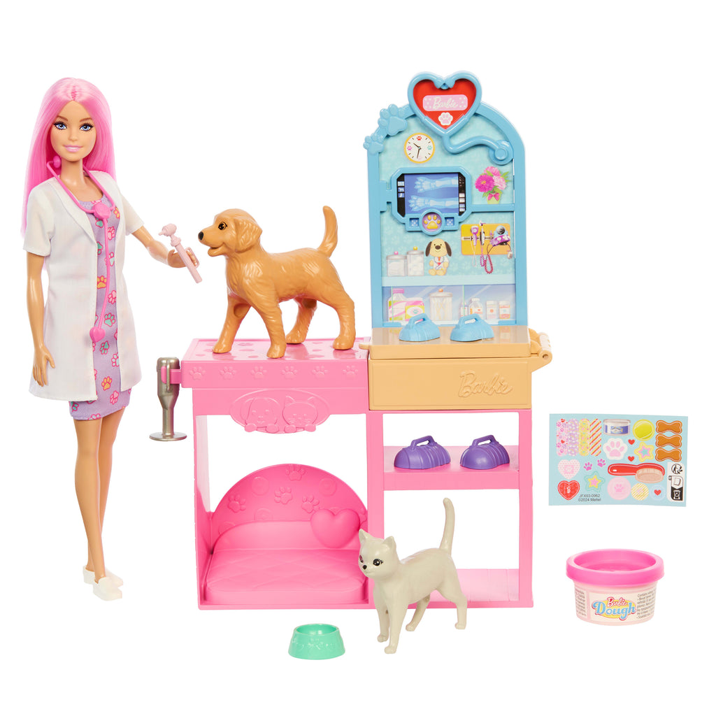 Barbie'nin Veteriner Kliniği oyun seti, pembe saçlı bebek, veteriner eşyaları ve 10'dan fazla aksesuar
