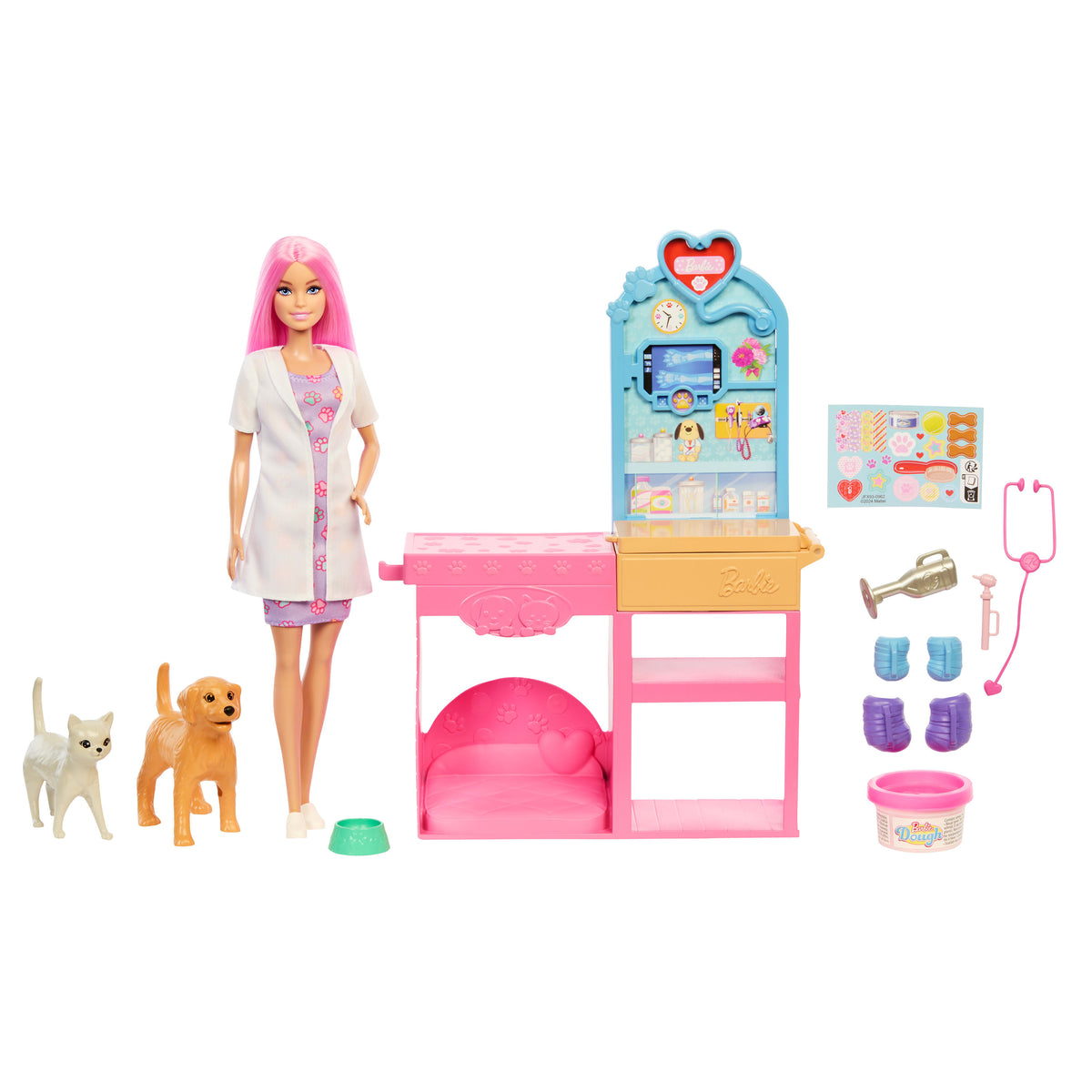 Barbie'nin Veteriner Kliniği oyun seti, pembe saçlı bebek, veteriner eşyaları ve 10'dan fazla aksesuar