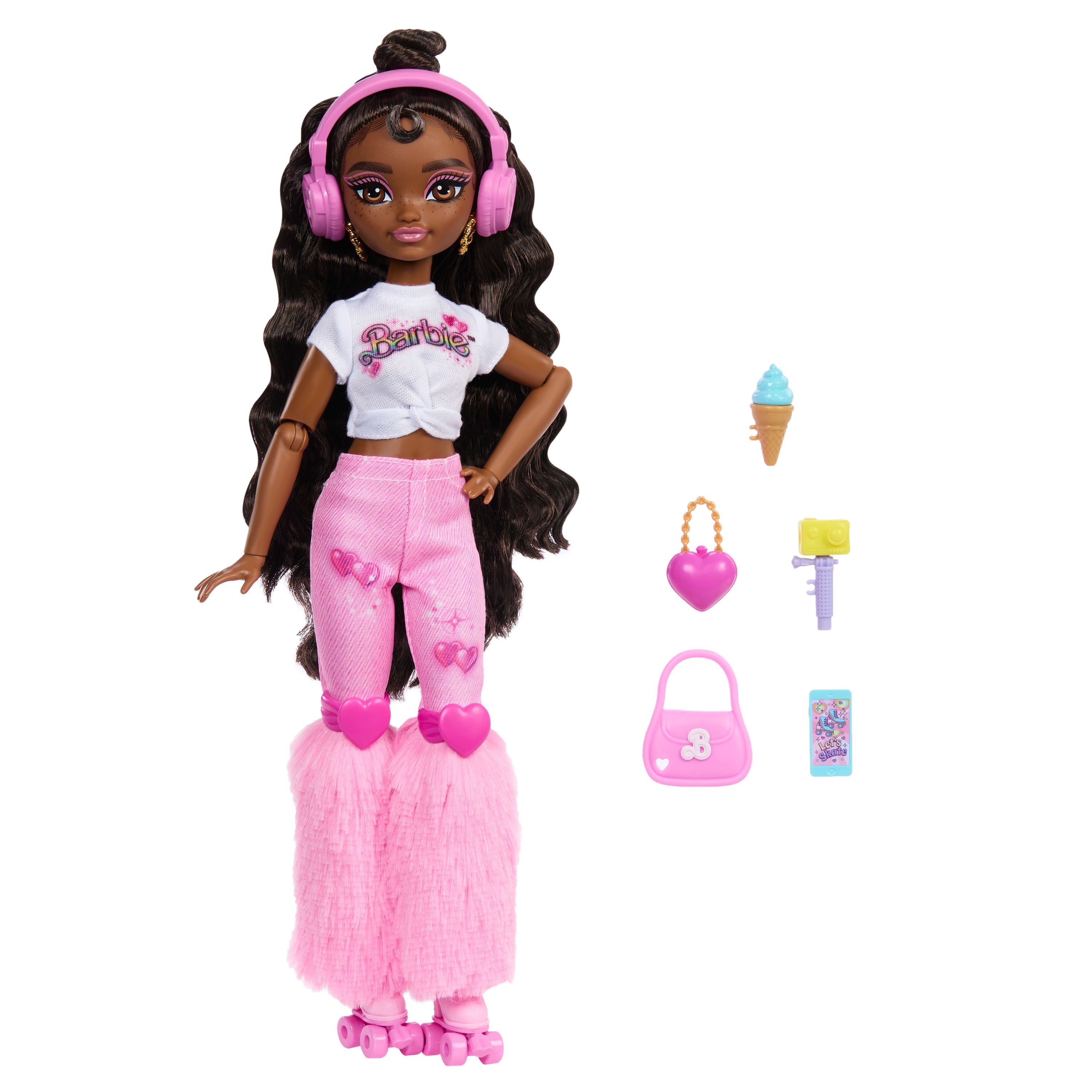 Rüya Arkadaşlar Patenci Barbie "Brooklyn" bebek ile müzik ve video temalı 9 aksesuar