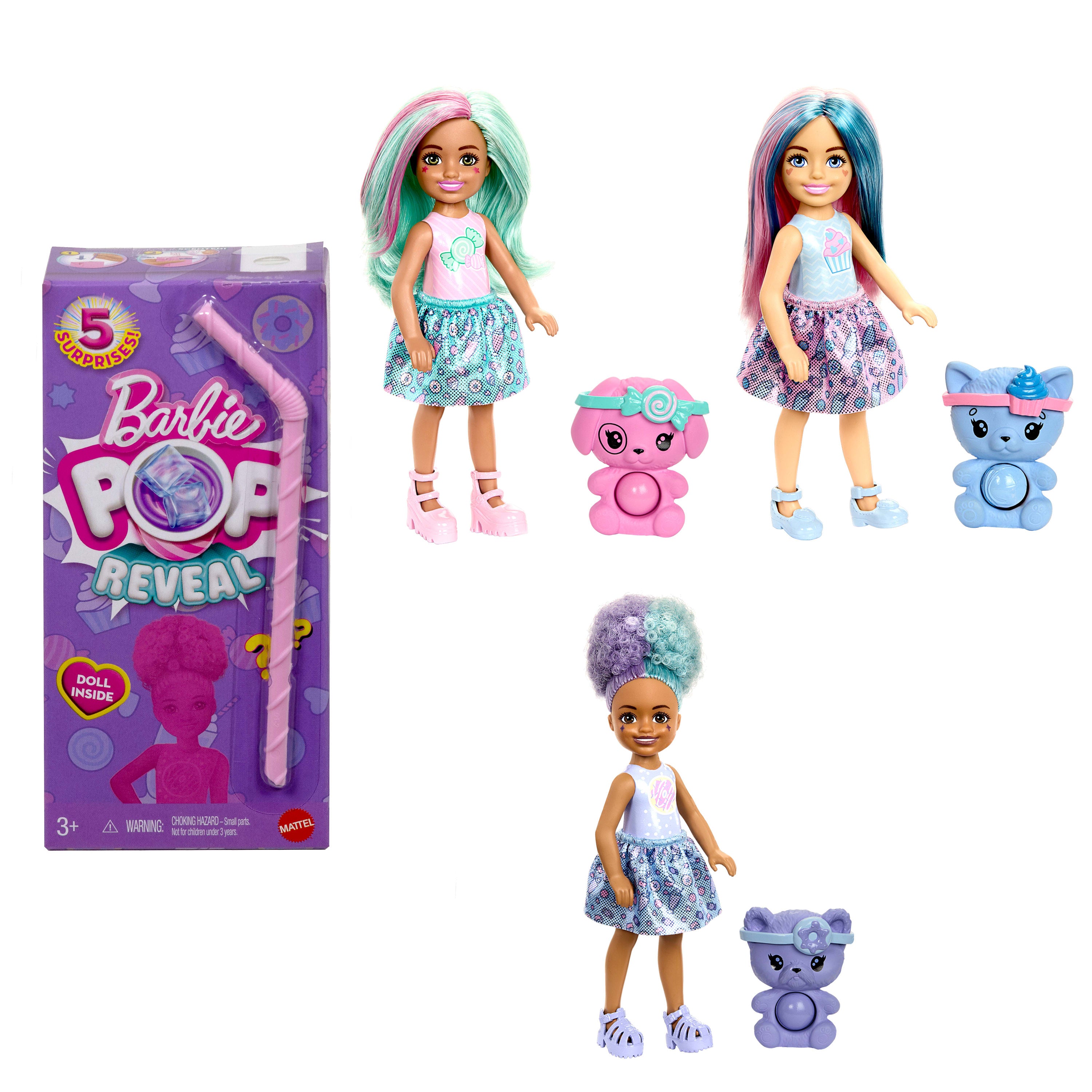 Barbie Chelsea Pop Reveal Atıştırmalık Serisi bebek, kokulu bebek ve evcil hayvan figürü dahil 5 farklı sürpriz (Stiller çeşitlilik gösterebilir)