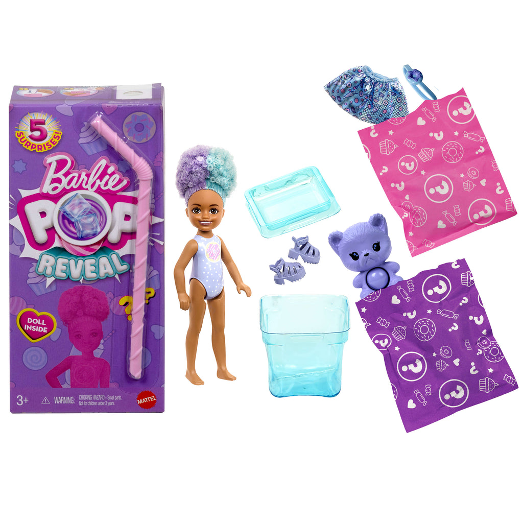 Barbie Chelsea Pop Reveal Atıştırmalık Serisi bebek, kokulu bebek ve evcil hayvan figürü dahil 5 farklı sürpriz (Stiller çeşitlilik gösterebilir)