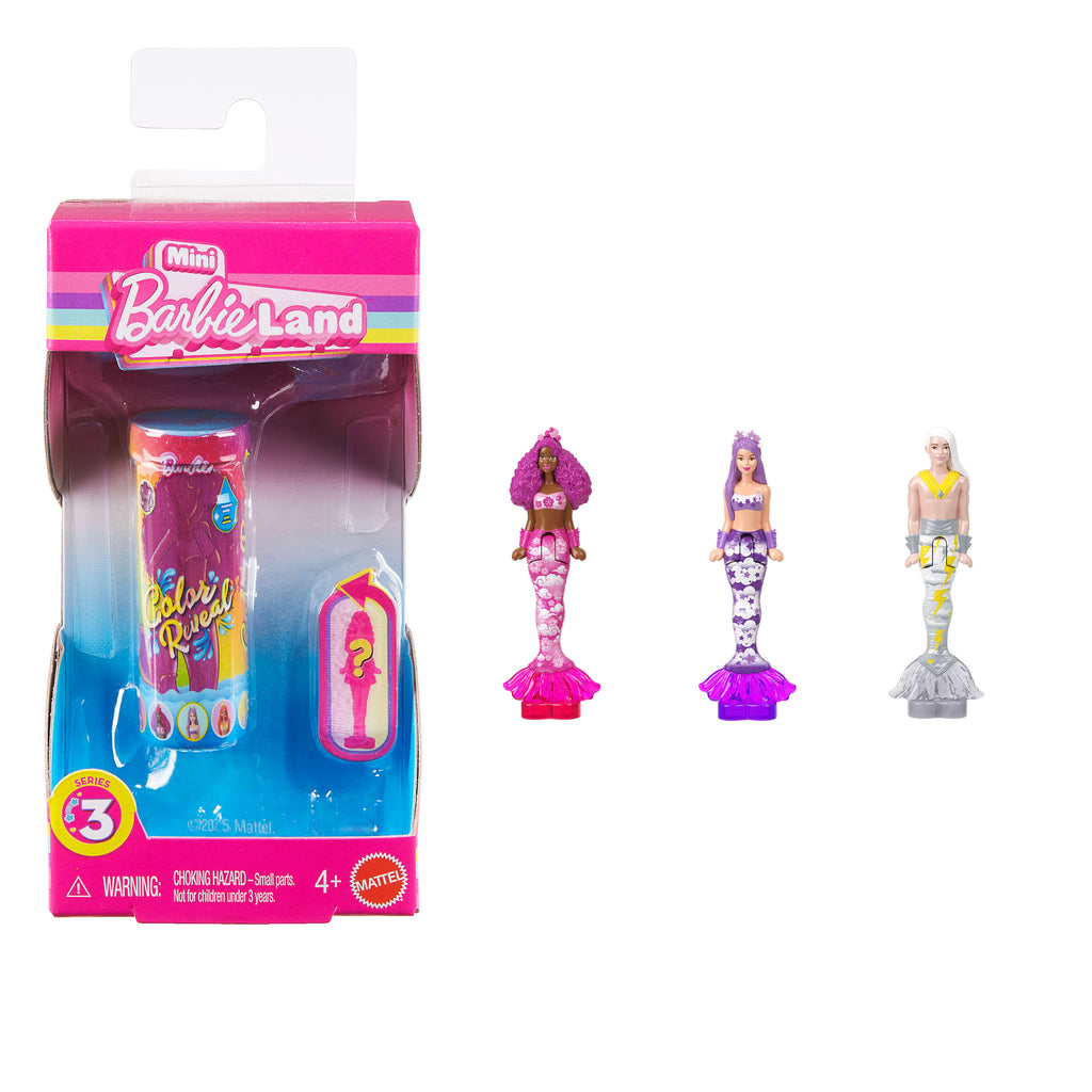 Barbie Mini BarbieLand Color Reveal deniz kızı bebekler, 4 cm'lik bebek, sürprizli su değişimi (Stiller çeşitlilik gösterebilir), Seri 3