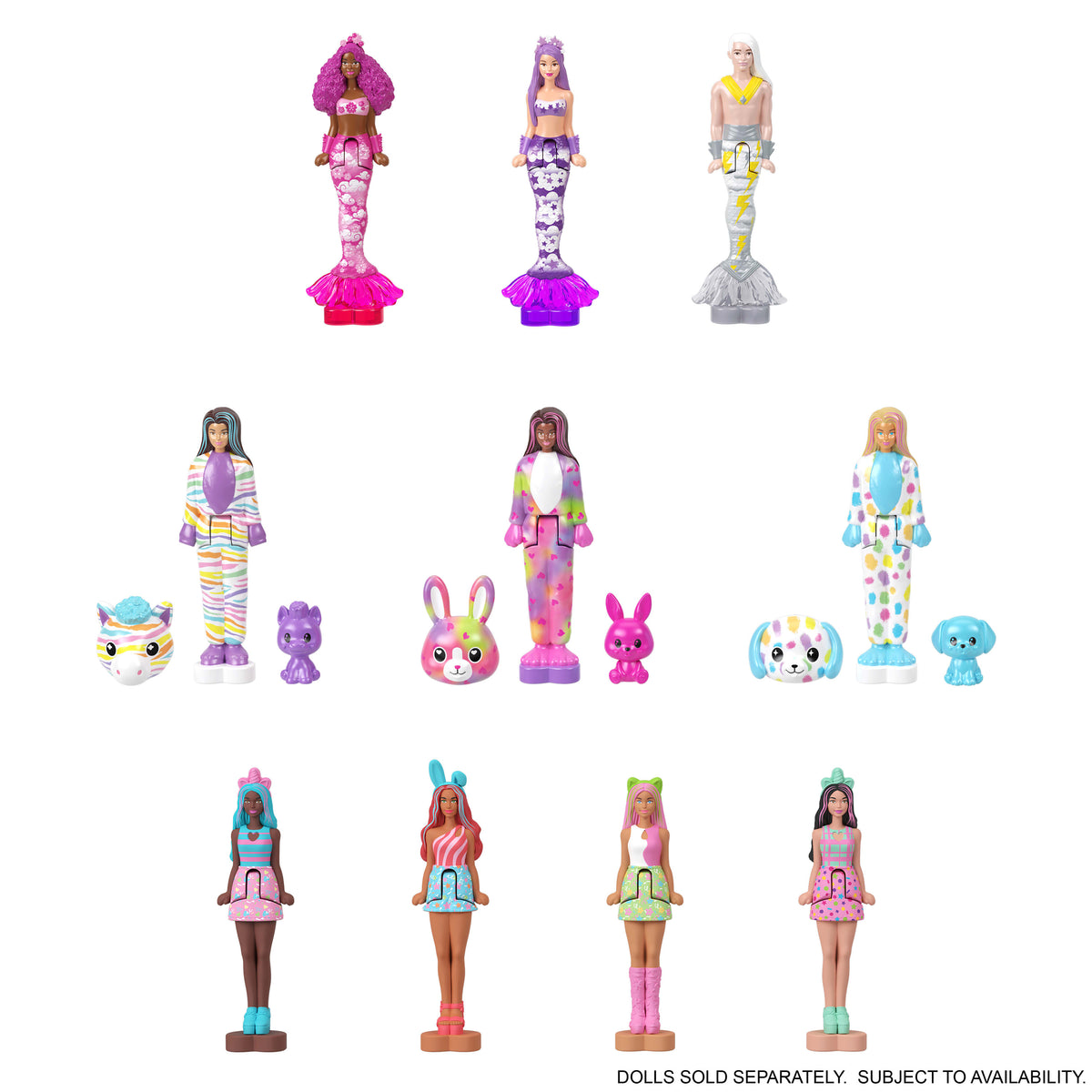 Barbie Mini BarbieLand Color Reveal deniz kızı bebekler, 4 cm'lik bebek, sürprizli su değişimi (Stiller çeşitlilik gösterebilir), Seri 3