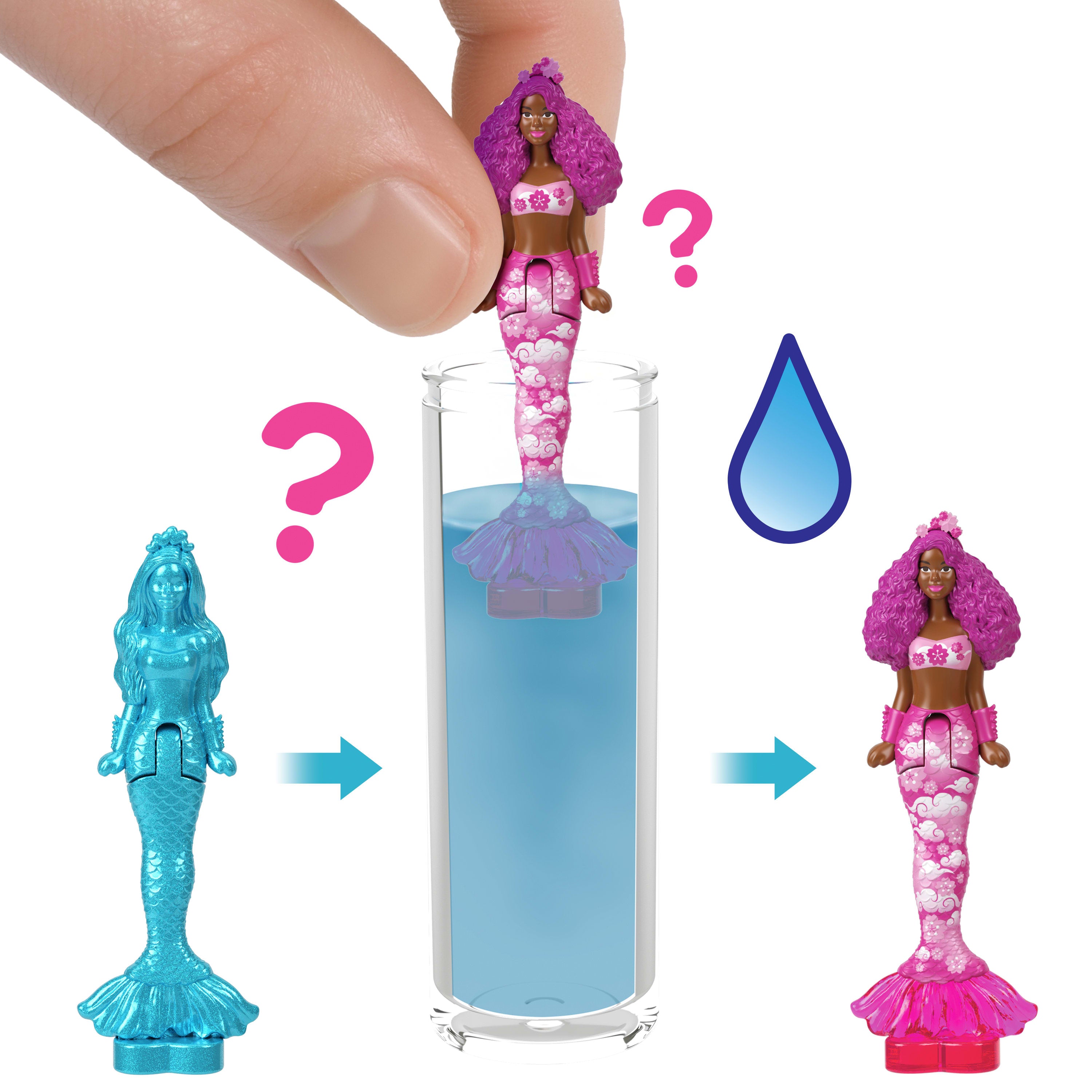 Barbie Mini BarbieLand Color Reveal deniz kızı bebekler, 4 cm'lik bebek, sürprizli su değişimi (Stiller çeşitlilik gösterebilir), Seri 3