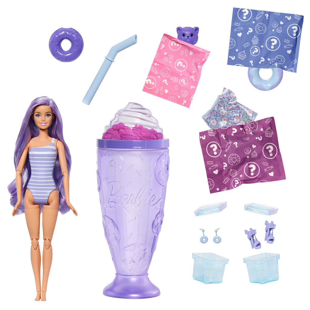 Barbie Pop Reveal Atıştırmalık Serisi bebek ve aksesuar seti, Çörek Düşkünü Hayalperest Kız ve evcil hayvanı