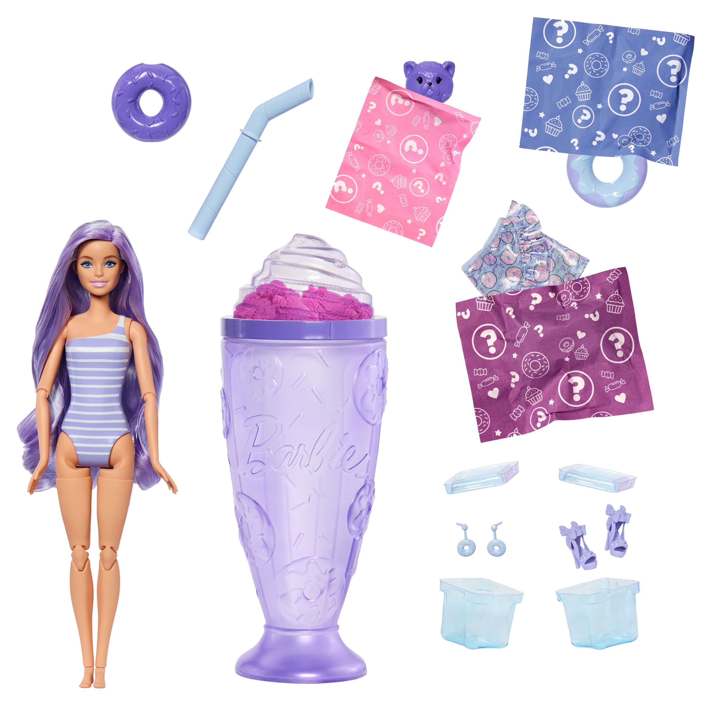 Barbie Pop Reveal Atıştırmalık Serisi bebek ve aksesuar seti, Çörek Düşkünü Hayalperest Kız ve evcil hayvanı