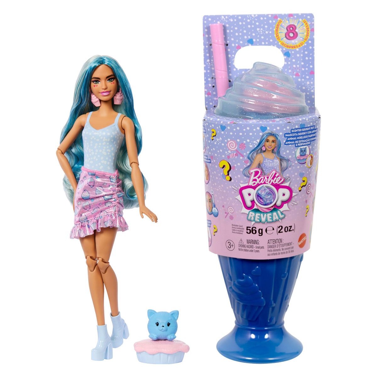 Barbie Pop Reveal Atıştırmalık Serisi bebek ve aksesuar seti, Kapkek Düşkünü Havalı Kız ve evcil hayvanı
