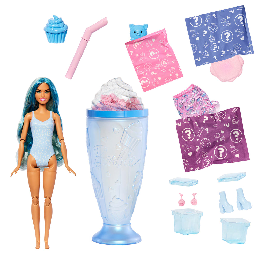 Barbie Pop Reveal Atıştırmalık Serisi bebek ve aksesuar seti, Kapkek Düşkünü Havalı Kız ve evcil hayvanı