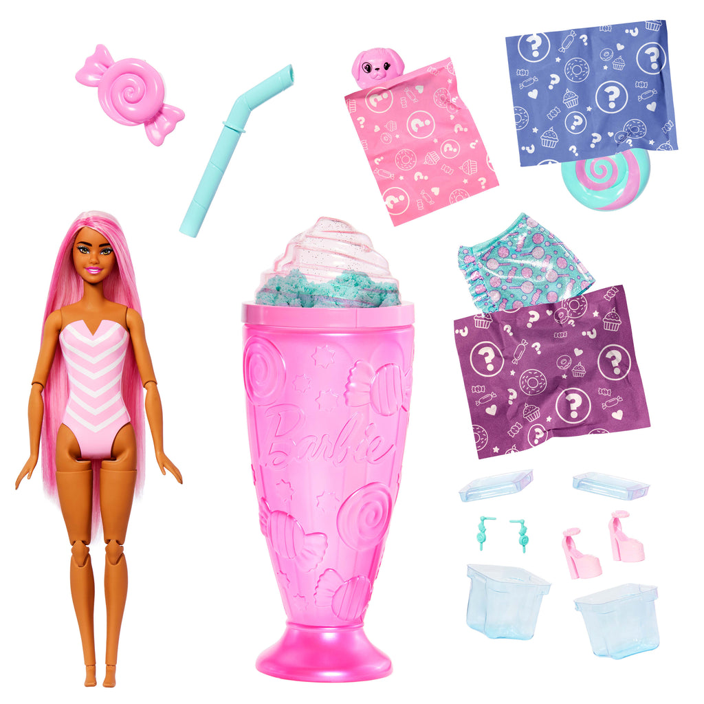 Barbie Pop Reveal Atıştırmalık Serisi bebek ve aksesuar seti, Lolipop Düşkünü Şeker Kız ve evcil hayvanı
