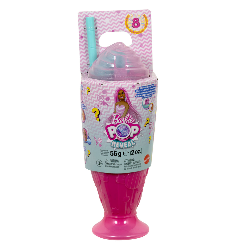 Barbie Pop Reveal Atıştırmalık Serisi bebek ve aksesuar seti, Lolipop Düşkünü Şeker Kız ve evcil hayvanı