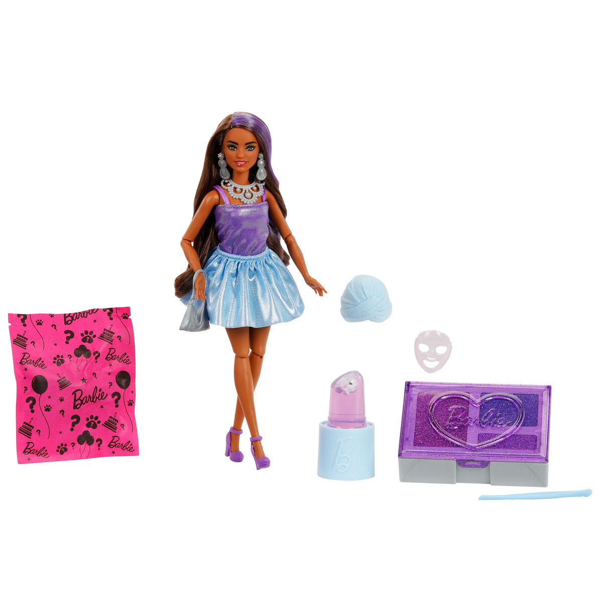 Morlu ve ışıltılı Barbie Parti Paketi Muhteşem Parti serisi bebek, aksesuarlar ve 10 sürpriz