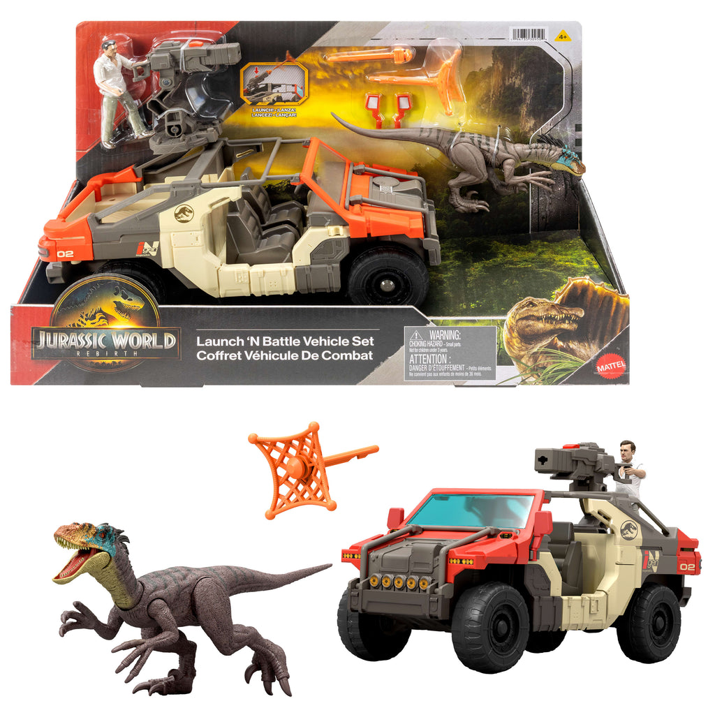 Jurassic World Rebirth Fırlat ve Savaş Aracı (Martin Krebs ve Velociraptor)