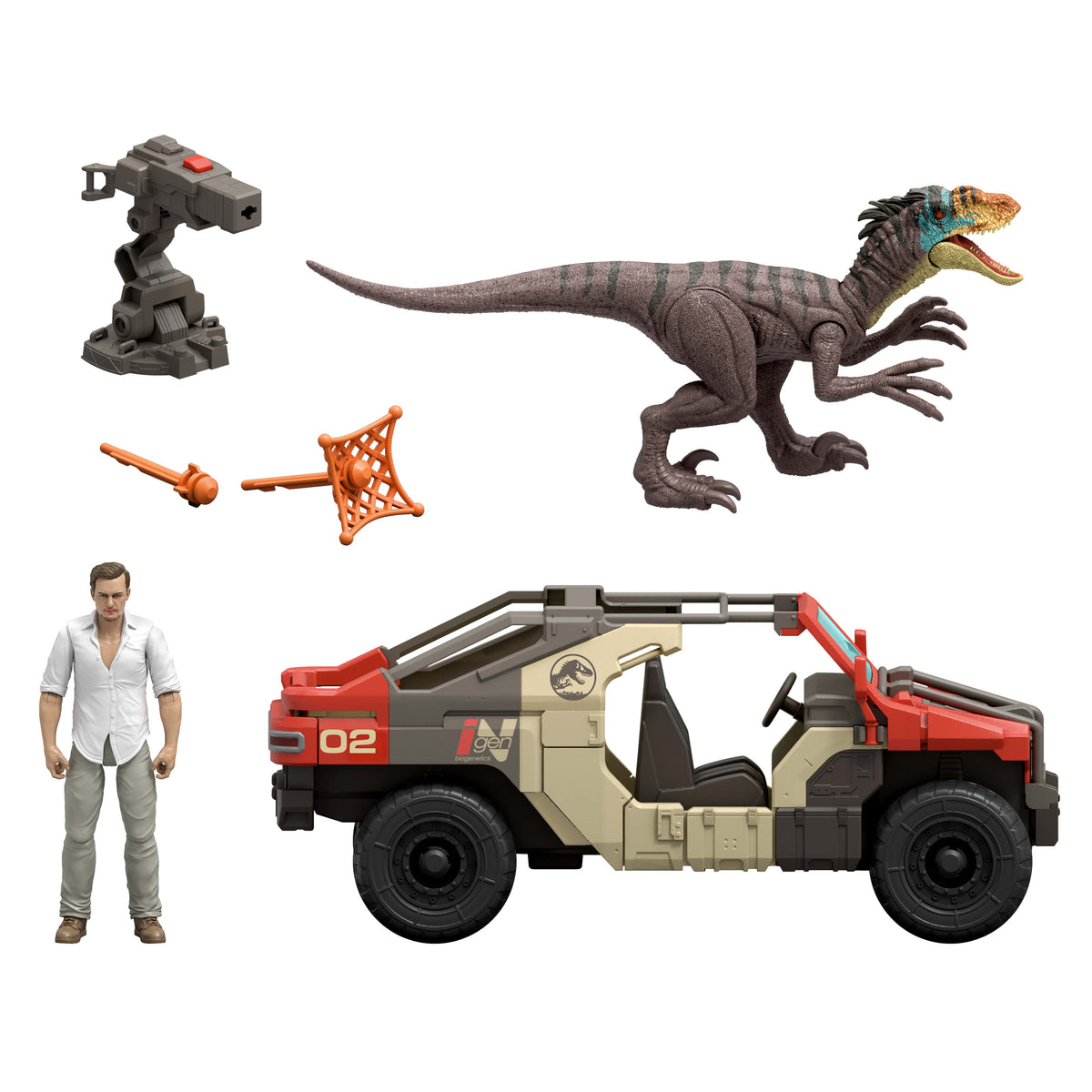 Jurassic World Rebirth Fırlat ve Savaş Aracı (Martin Krebs ve Velociraptor)