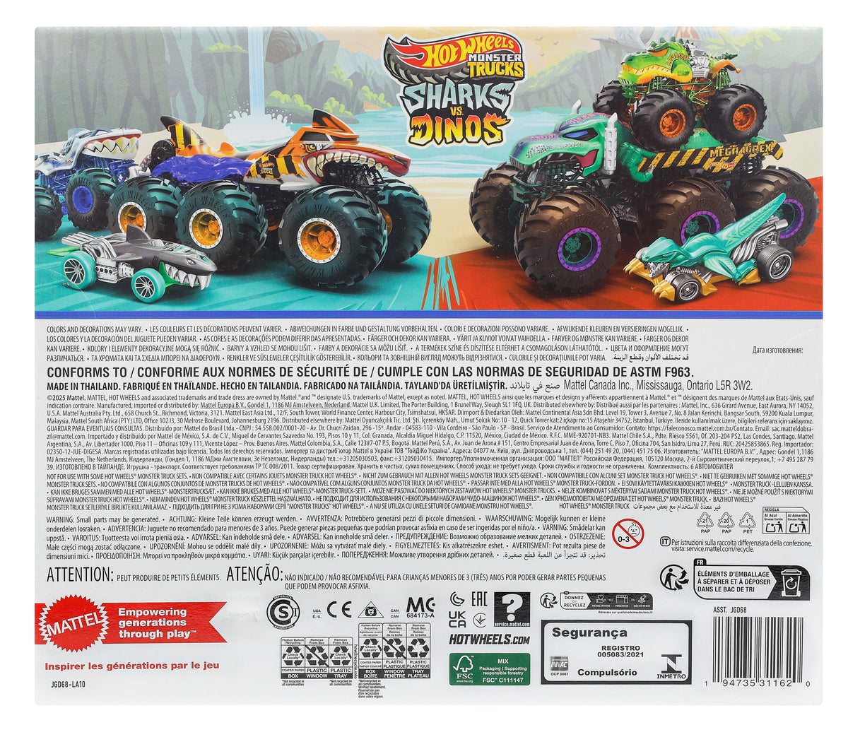 Hot Wheels Monster Trucks Köpekbalıkları Dinozorlara Karşı 6'lı Paket 1:64
