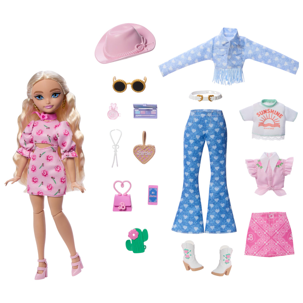 Barbie Dream Besties Festival Kombinleri seti, çıkarılabilir kıyafetleri ve aksesuarlarıyla Barbie "Malibu" bebek