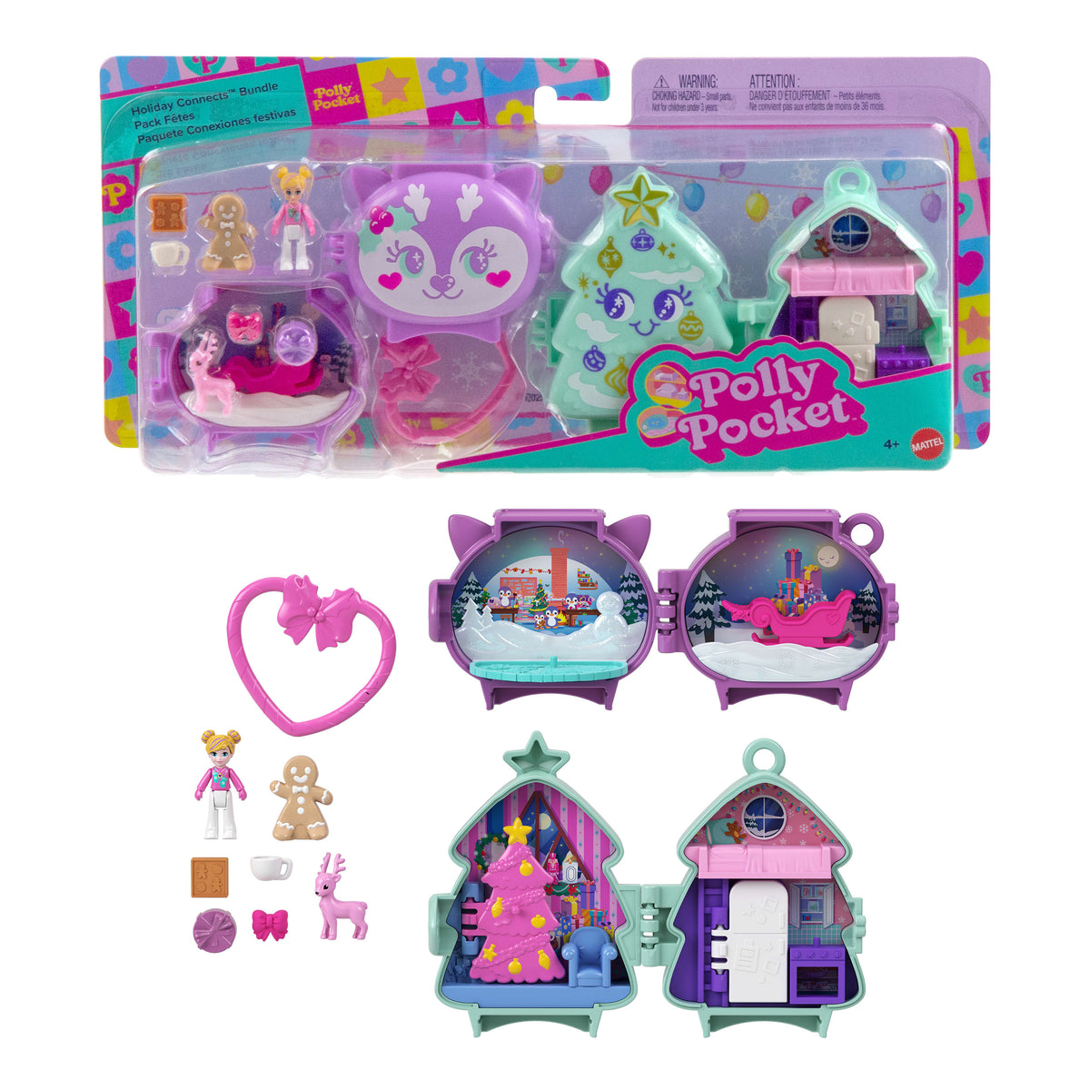 Mikro bebek, aksesuarlar, evcil hayvan figürü, mini oyuncaklar ve seyahat oyuncakları ile üst üste koyulabilen Polly Pocket Sevimli Yılbaşı kompakt oyun setleri paketi
