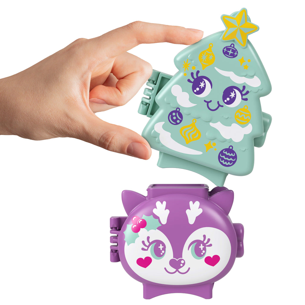 Mikro bebek, aksesuarlar, evcil hayvan figürü, mini oyuncaklar ve seyahat oyuncakları ile üst üste koyulabilen Polly Pocket Sevimli Yılbaşı kompakt oyun setleri paketi