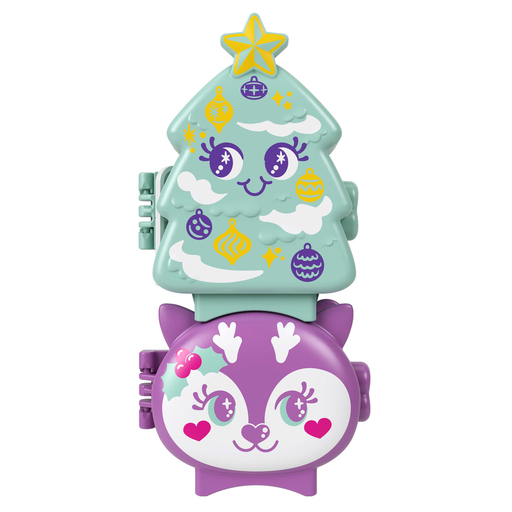 Mikro bebek, aksesuarlar, evcil hayvan figürü, mini oyuncaklar ve seyahat oyuncakları ile üst üste koyulabilen Polly Pocket Sevimli Yılbaşı kompakt oyun setleri paketi