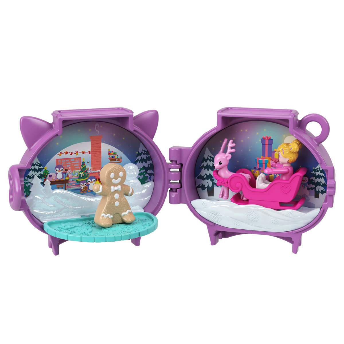 Mikro bebek, aksesuarlar, evcil hayvan figürü, mini oyuncaklar ve seyahat oyuncakları ile üst üste koyulabilen Polly Pocket Sevimli Yılbaşı kompakt oyun setleri paketi