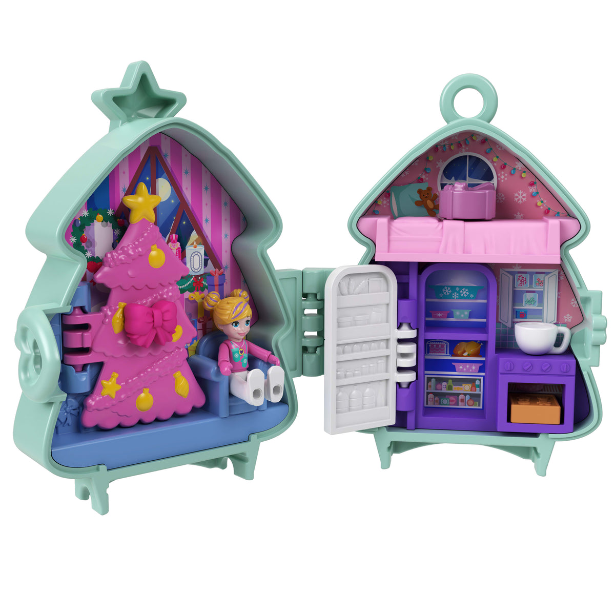 Mikro bebek, aksesuarlar, evcil hayvan figürü, mini oyuncaklar ve seyahat oyuncakları ile üst üste koyulabilen Polly Pocket Sevimli Yılbaşı kompakt oyun setleri paketi