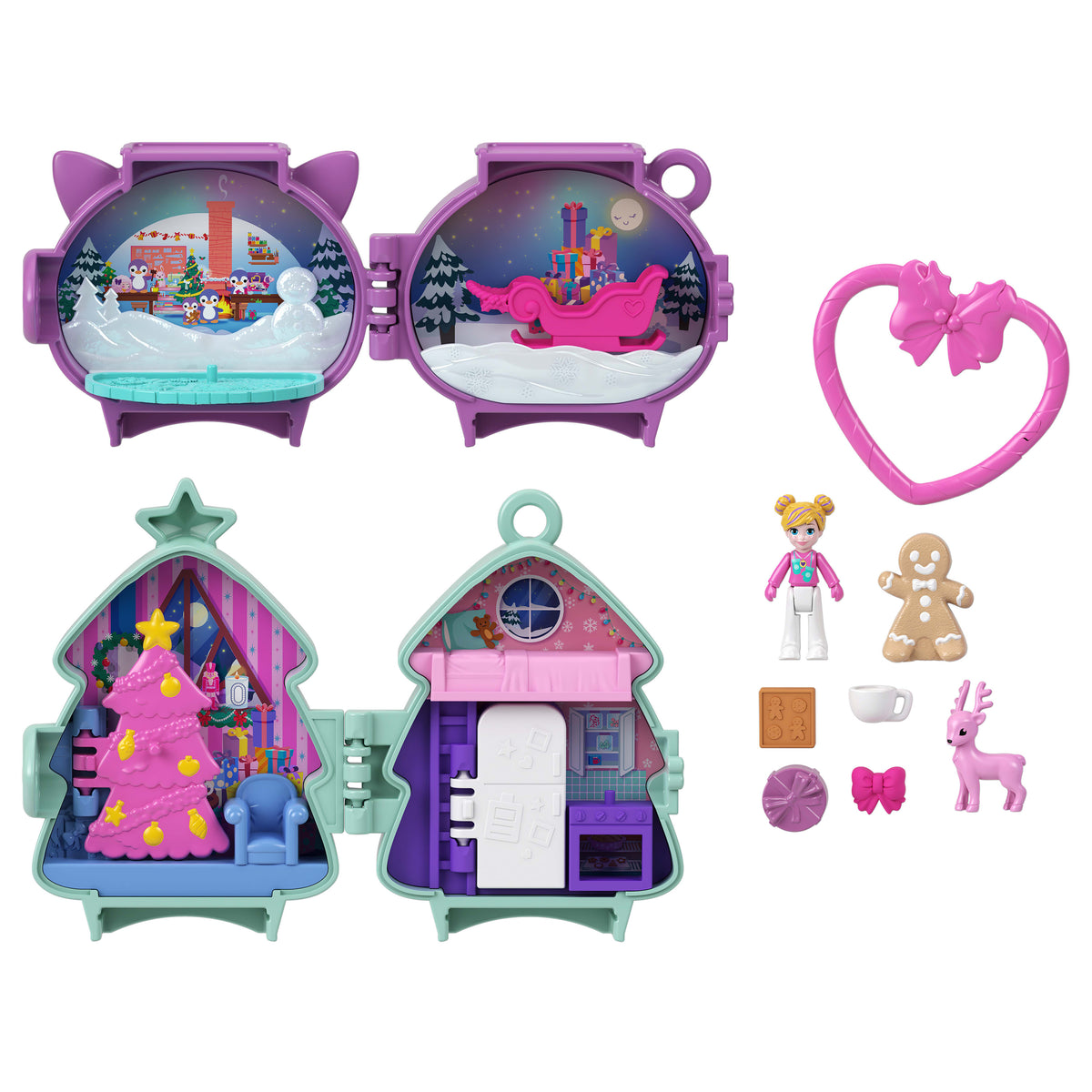 Mikro bebek, aksesuarlar, evcil hayvan figürü, mini oyuncaklar ve seyahat oyuncakları ile üst üste koyulabilen Polly Pocket Sevimli Yılbaşı kompakt oyun setleri paketi