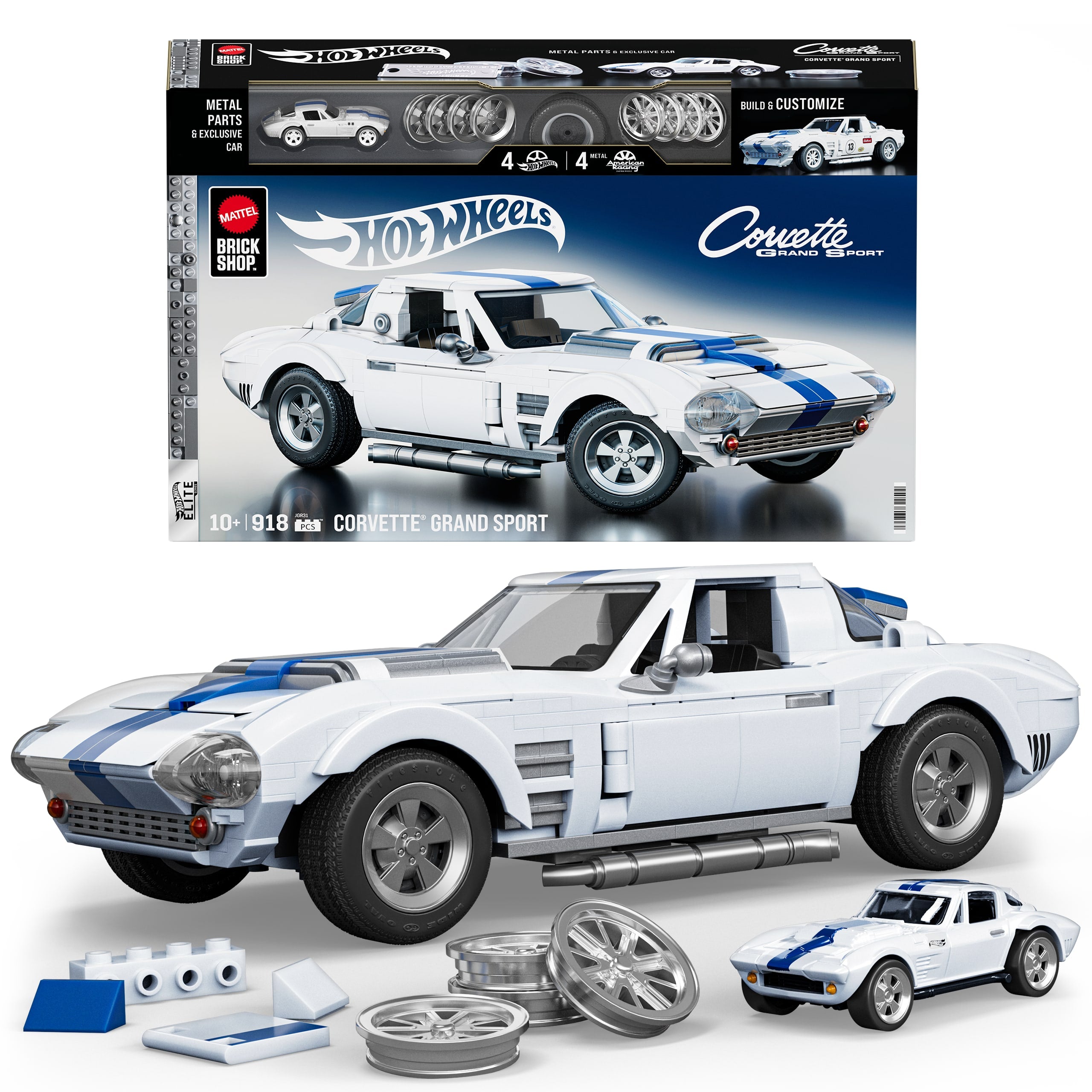 Mattel Brick Shop Hot Wheels Corvette Grand Sport yapı oyuncağı seti (918 Parça), koleksiyoncular için