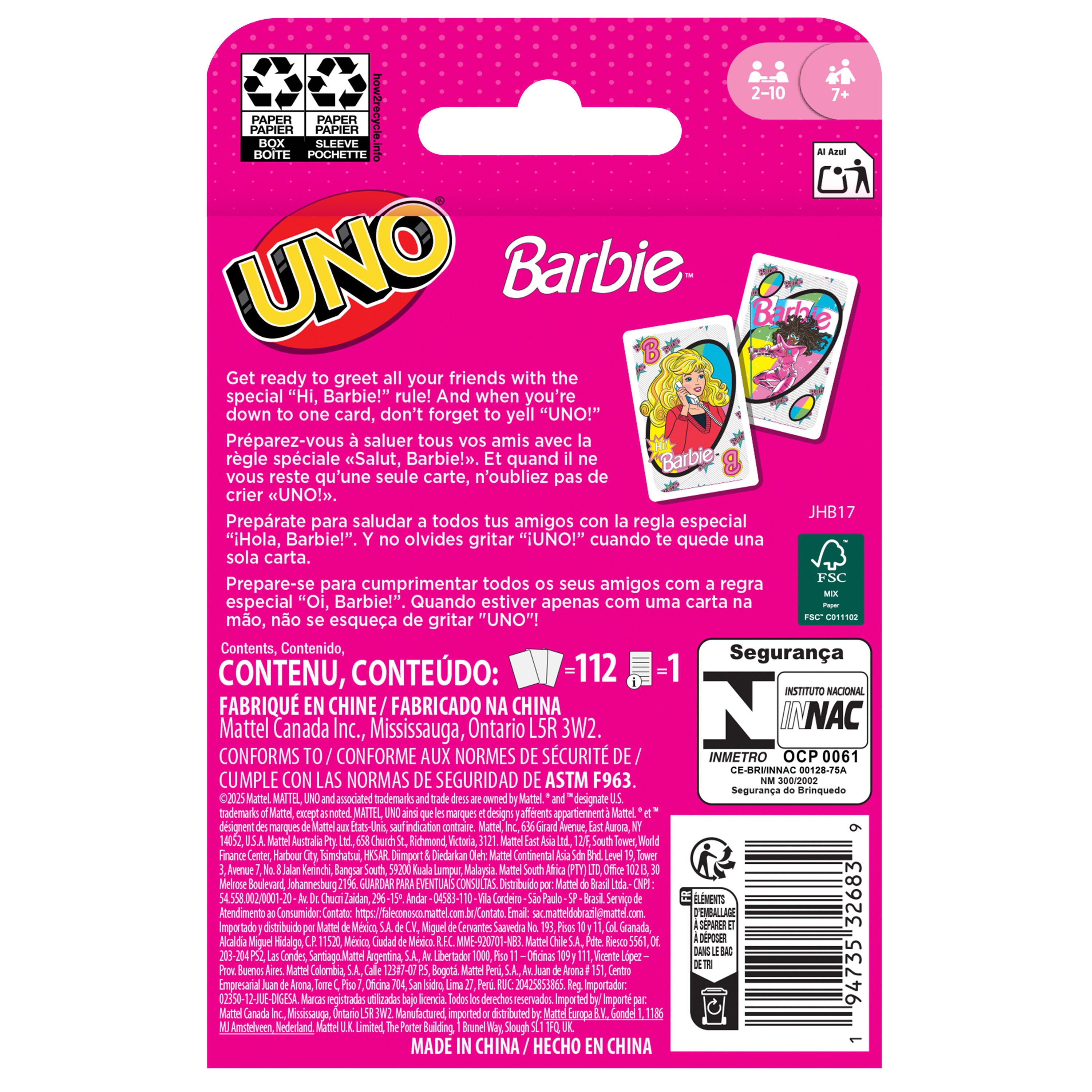Çocuklar ve aileyle bir araya gelinen akşamlar için UNO Barbie kart oyunu