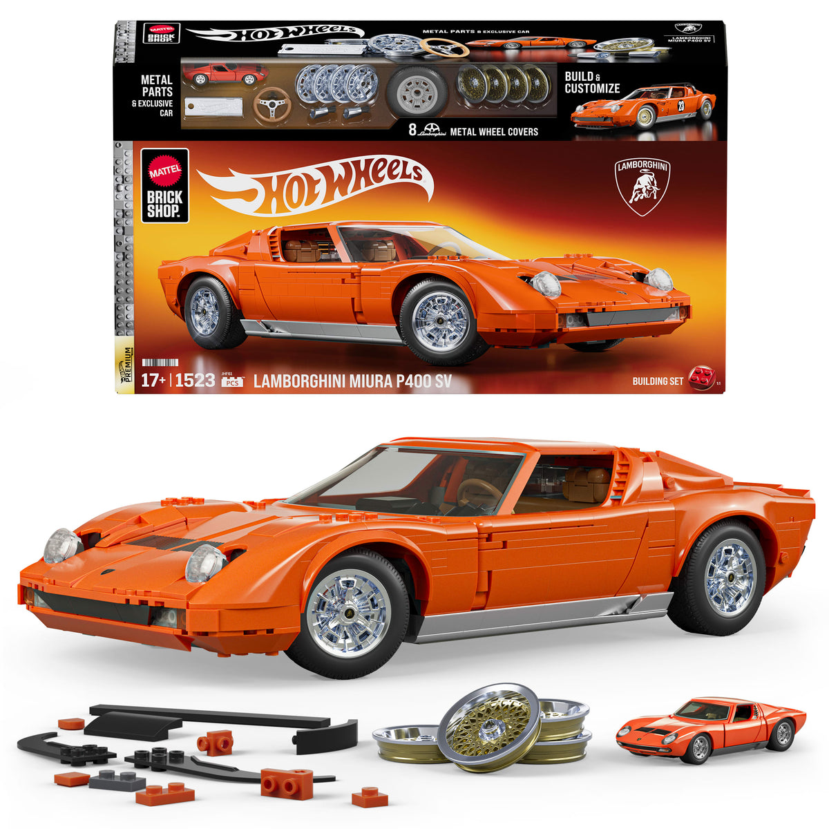 Koleksiyoncular için Mattel Brick Shop Hot Wheels '71 Lamborghini Miura P400 SV yapı oyuncağı seti (1523 parça)