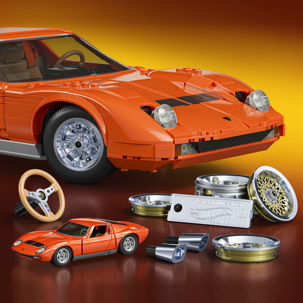 Koleksiyoncular için Mattel Brick Shop Hot Wheels '71 Lamborghini Miura P400 SV yapı oyuncağı seti (1523 parça)