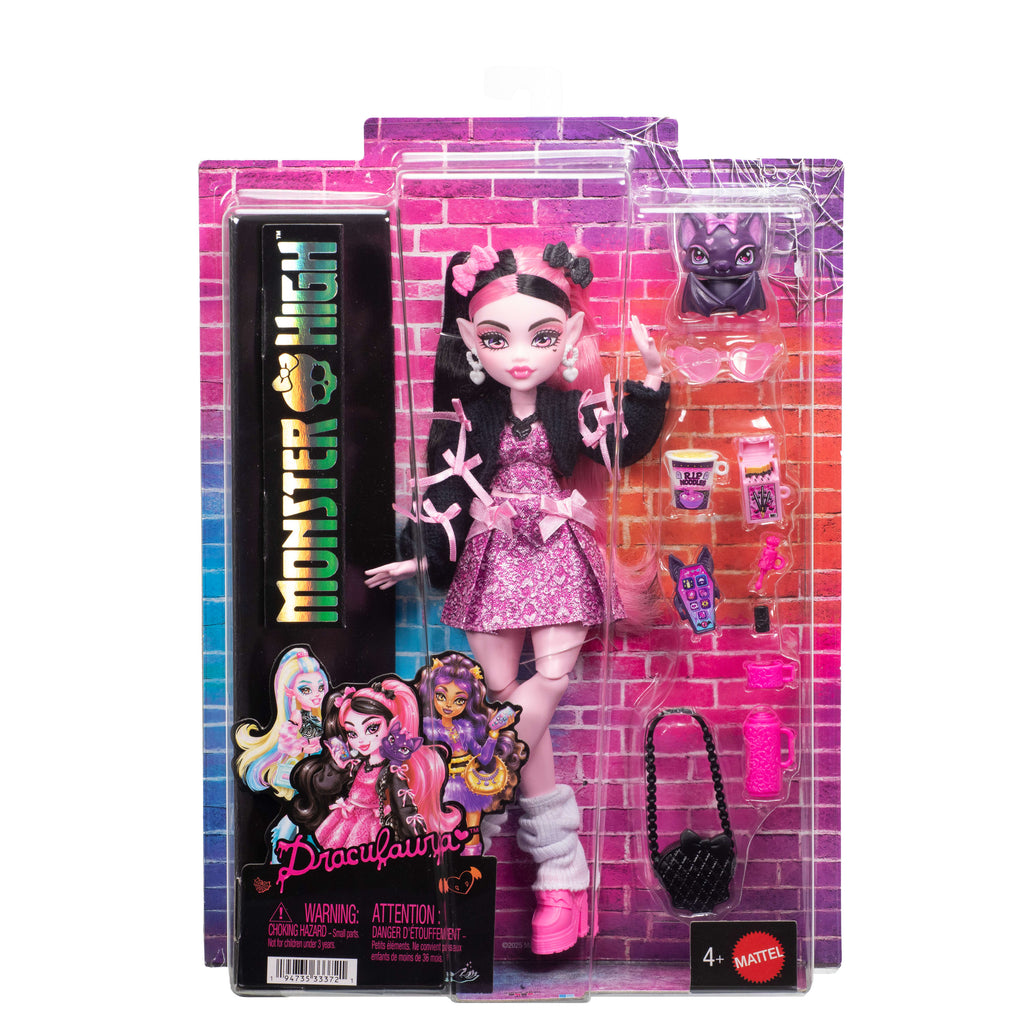 Kurdele detaylı elbise giyen Monster High Draculaura bebek, evcil yarasası Kont Fabulous ve 7 aksesuar