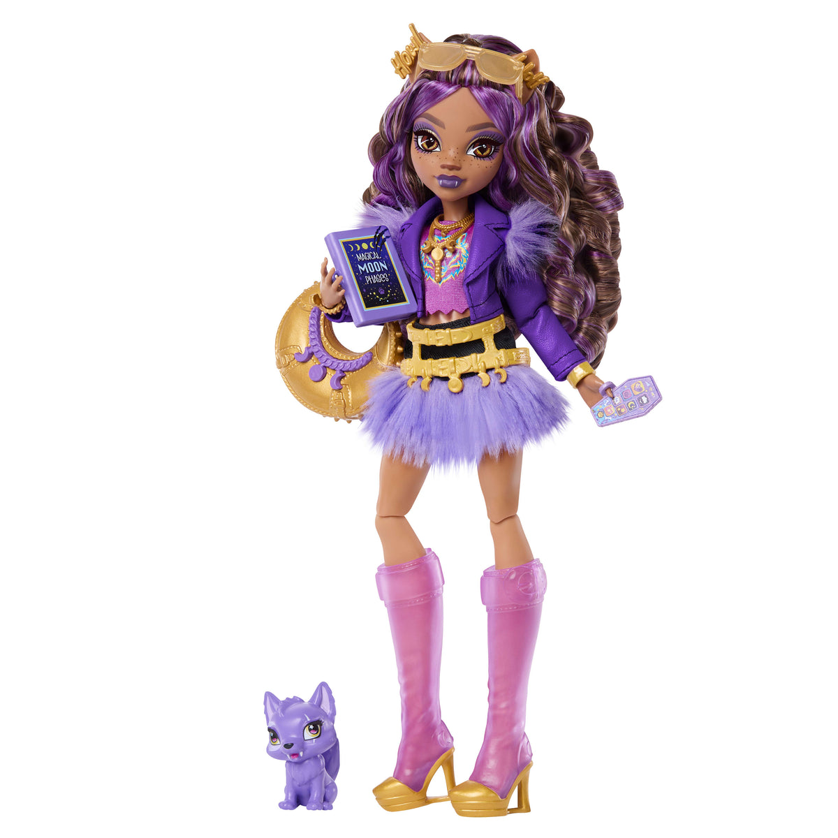 Evcil dostu Crescent ve 7 aksesuarla tüylü etek giyen Monster High Clawdeen Wolf bebek