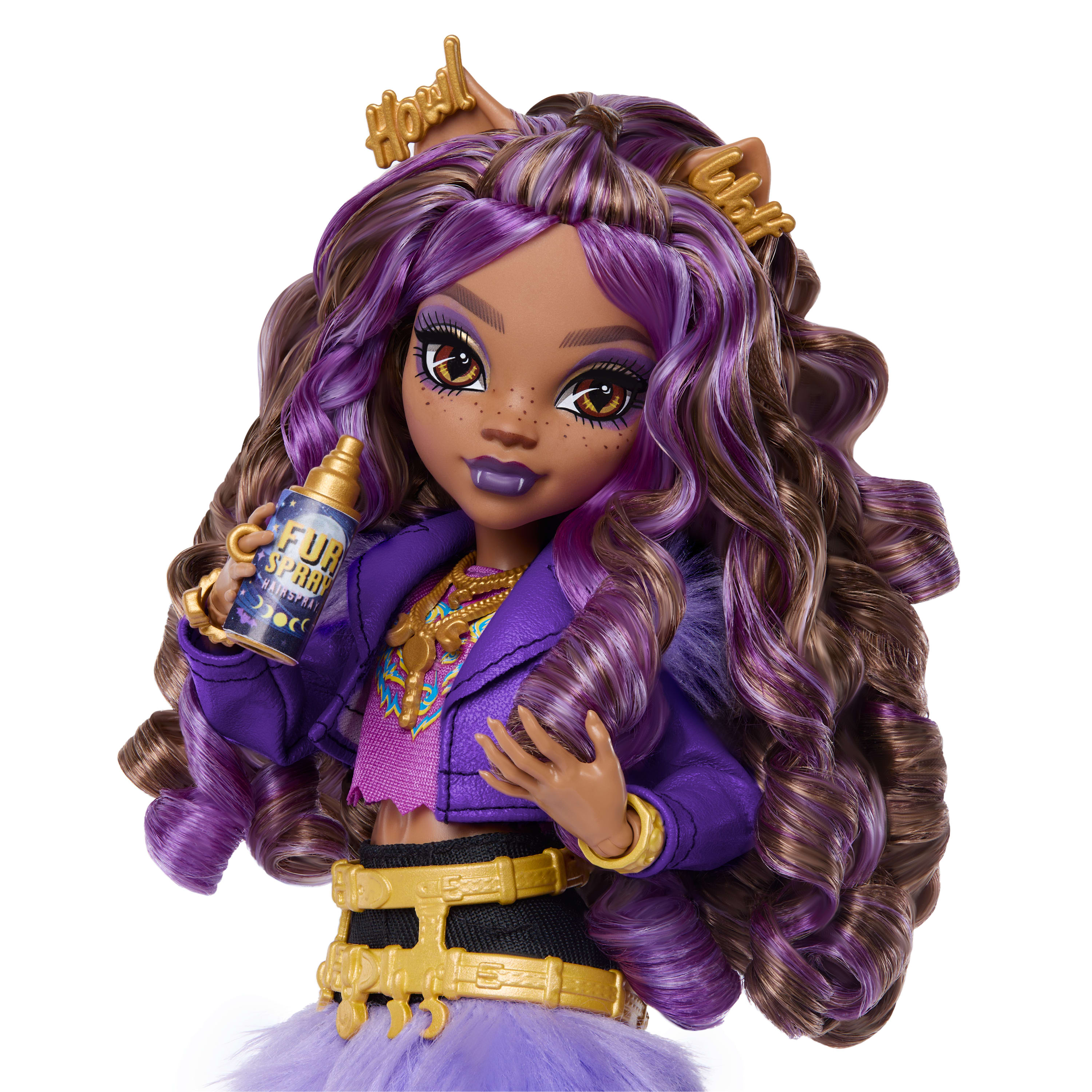 Evcil dostu Crescent ve 7 aksesuarla tüylü etek giyen Monster High Clawdeen Wolf bebek
