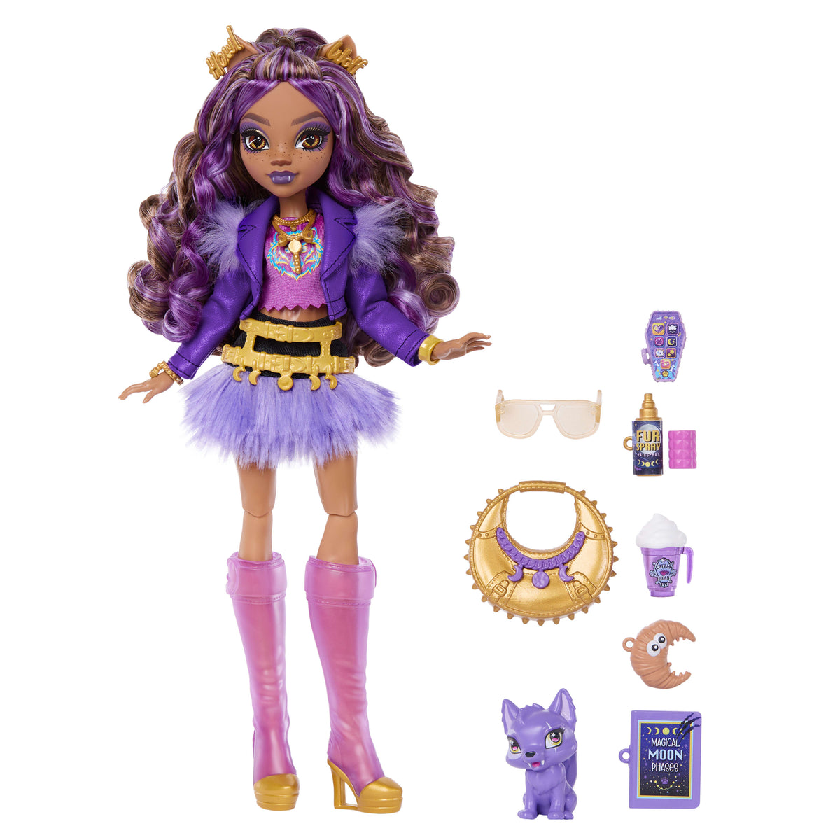 Evcil dostu Crescent ve 7 aksesuarla tüylü etek giyen Monster High Clawdeen Wolf bebek