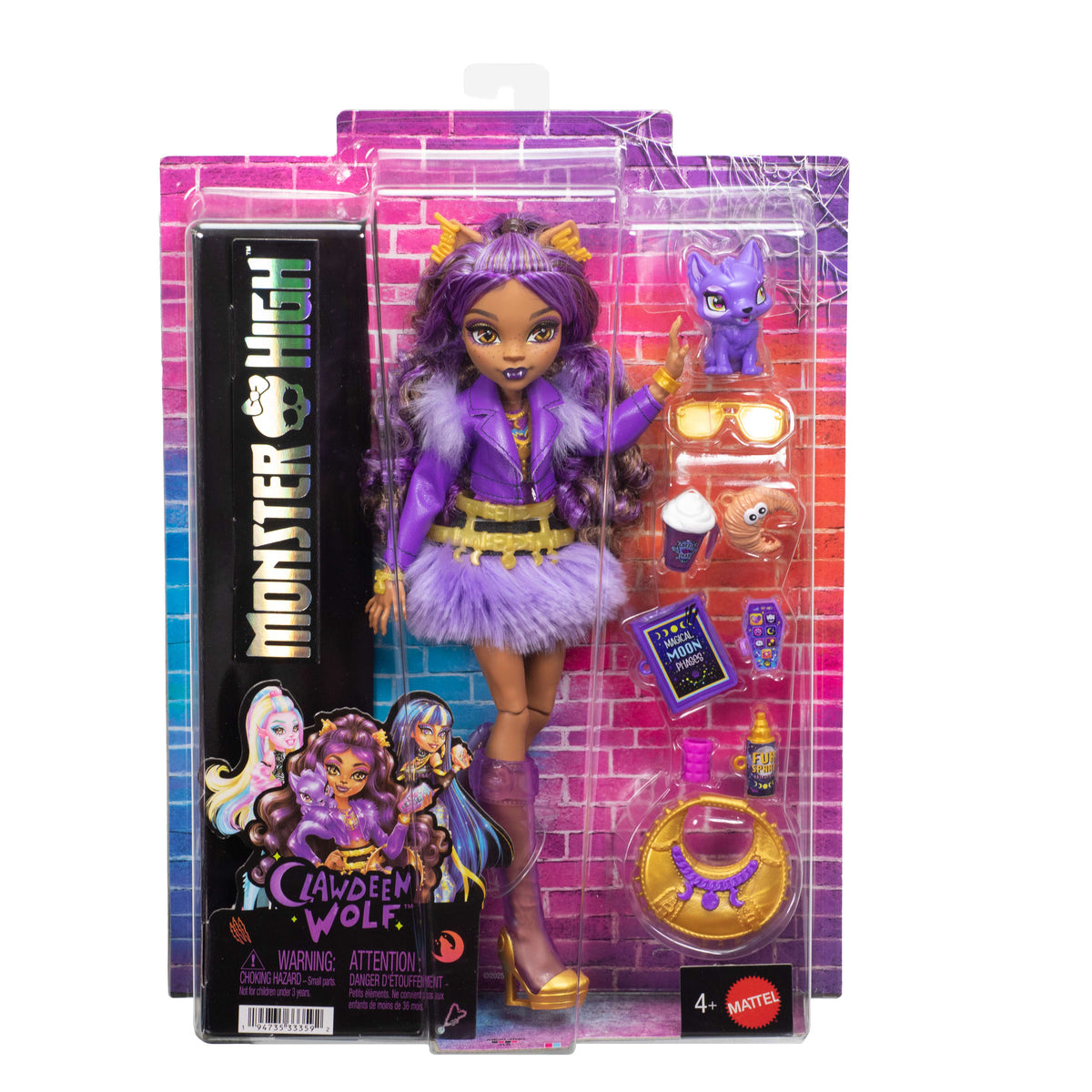 Evcil dostu Crescent ve 7 aksesuarla tüylü etek giyen Monster High Clawdeen Wolf bebek