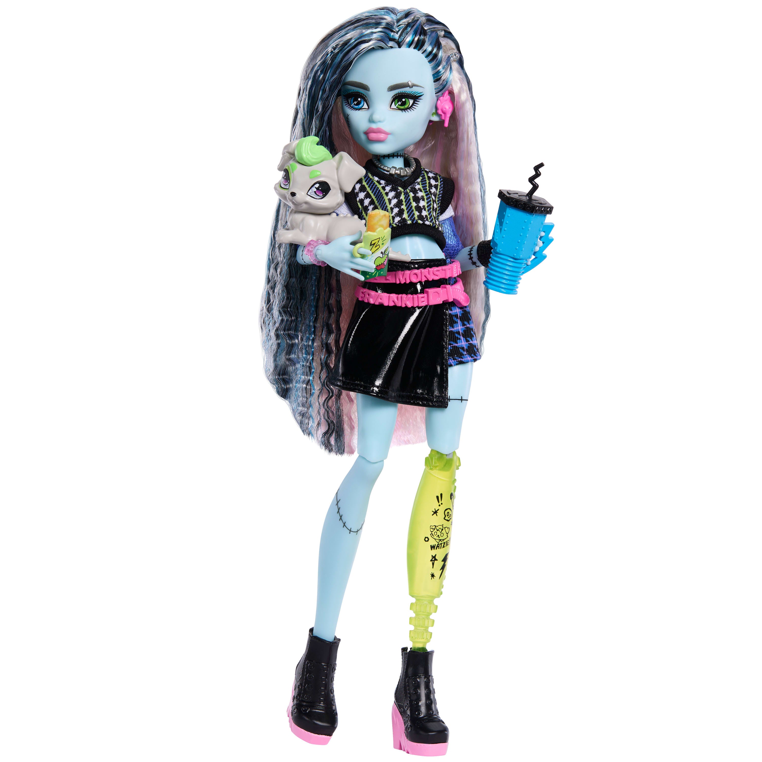 Evcil dostu Watzie ve 7 aksesuarla siyah suni deri etek giyen Monster High Frankie Stein bebek