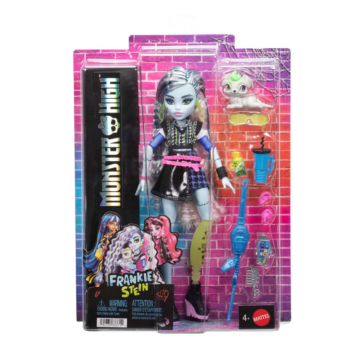 Evcil dostu Watzie ve 7 aksesuarla siyah suni deri etek giyen Monster High Frankie Stein bebek