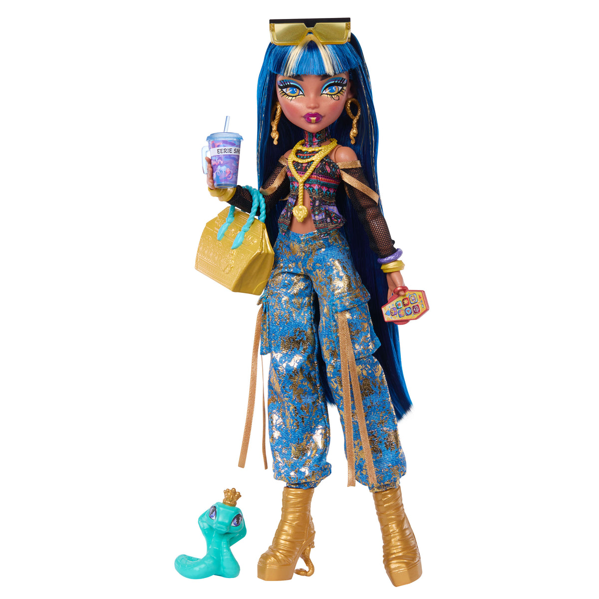 Evcil dostu Hissette ve 7 aksesuarlarıyla kargo pantolon giyen Monster High Cleo De Nile bebek