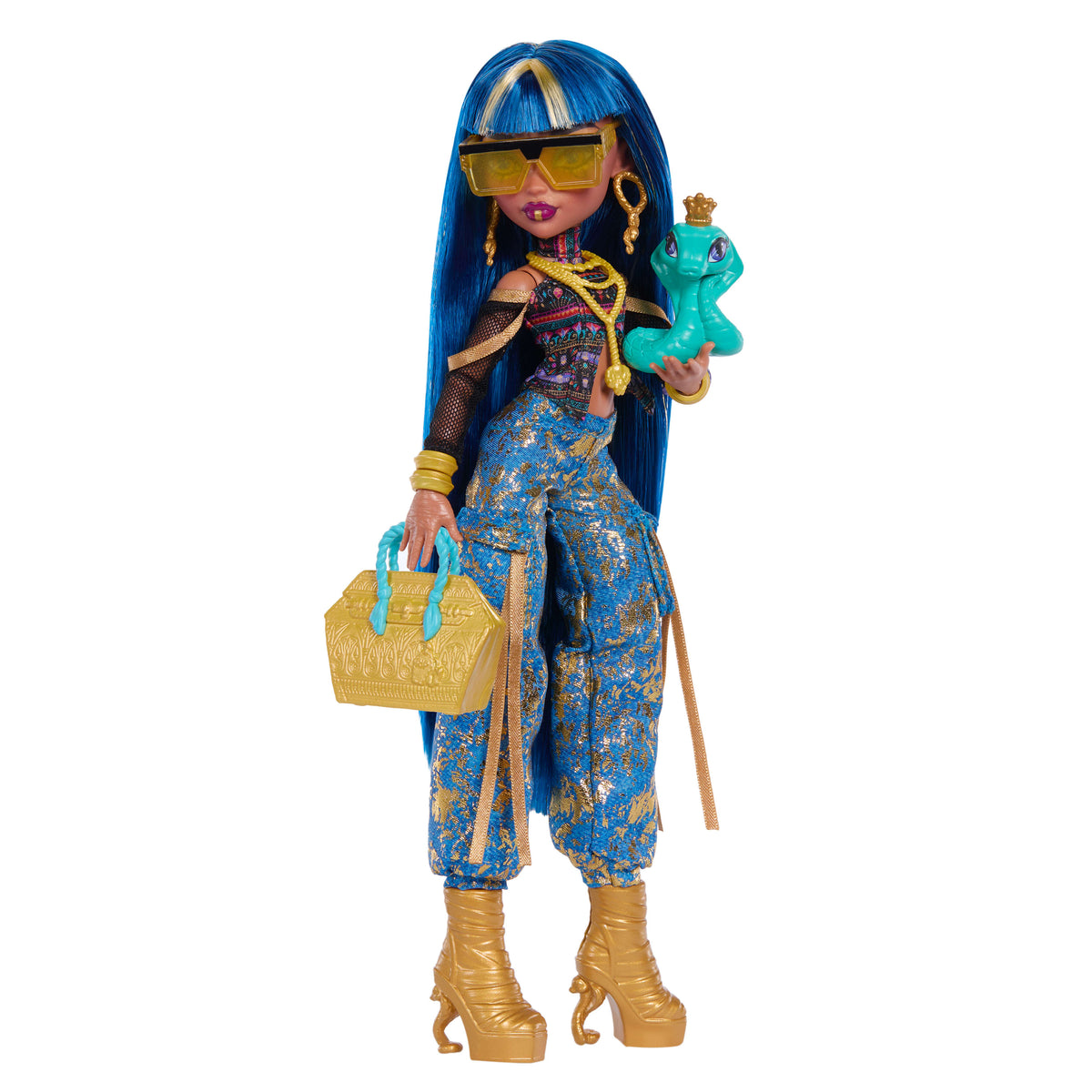 Evcil dostu Hissette ve 7 aksesuarlarıyla kargo pantolon giyen Monster High Cleo De Nile bebek