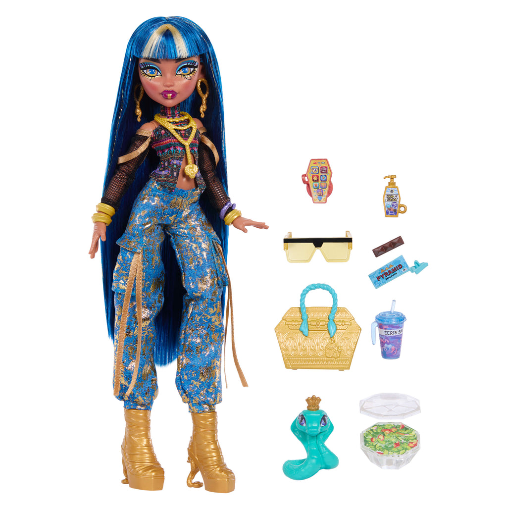 Evcil dostu Hissette ve 7 aksesuarlarıyla kargo pantolon giyen Monster High Cleo De Nile bebek