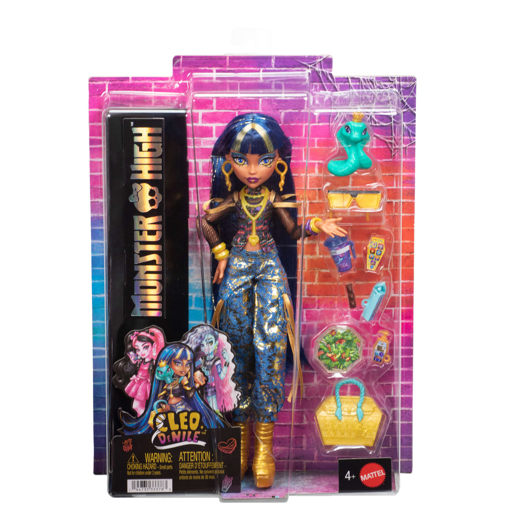 Evcil dostu Hissette ve 7 aksesuarlarıyla kargo pantolon giyen Monster High Cleo De Nile bebek