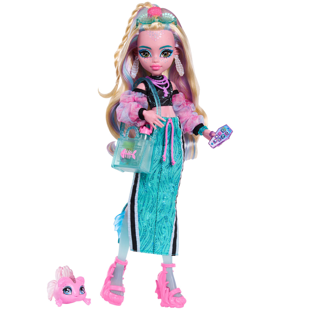 Evcil dostu Neptuna ve 7 aksesuarla uzun etek giyen Monster High Lagoona Blue bebek