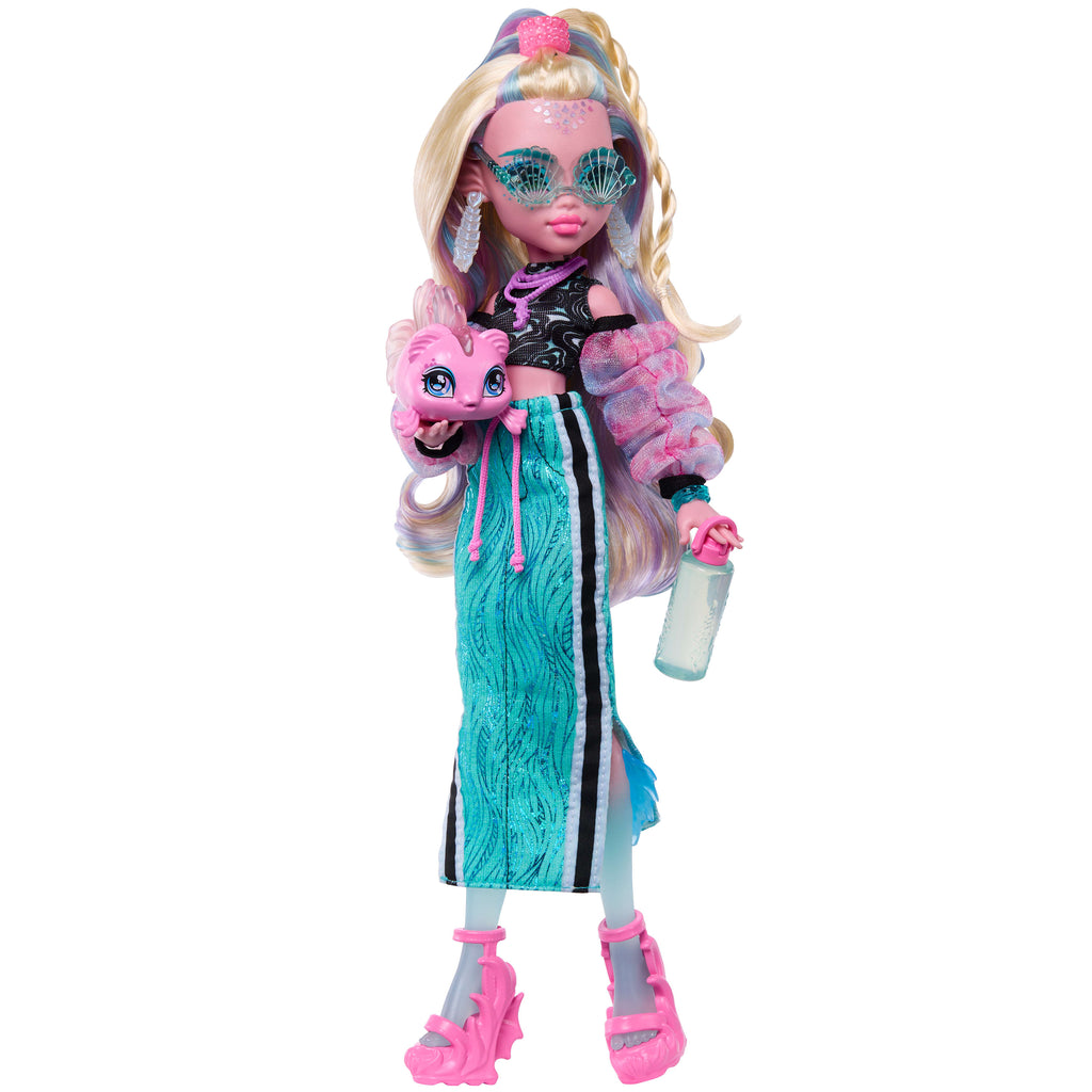 Evcil dostu Neptuna ve 7 aksesuarla uzun etek giyen Monster High Lagoona Blue bebek