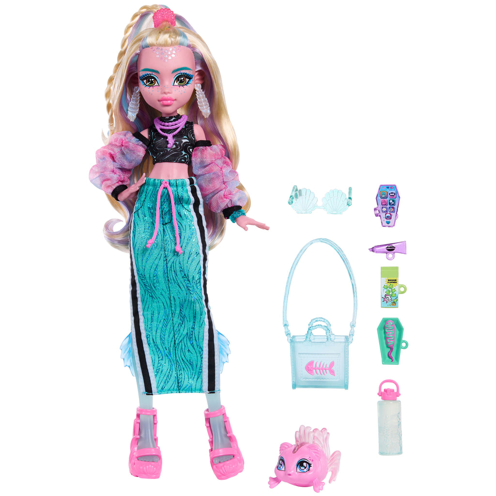 Evcil dostu Neptuna ve 7 aksesuarla uzun etek giyen Monster High Lagoona Blue bebek