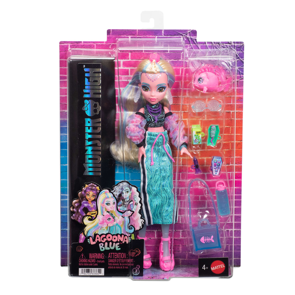 Evcil dostu Neptuna ve 7 aksesuarla uzun etek giyen Monster High Lagoona Blue bebek